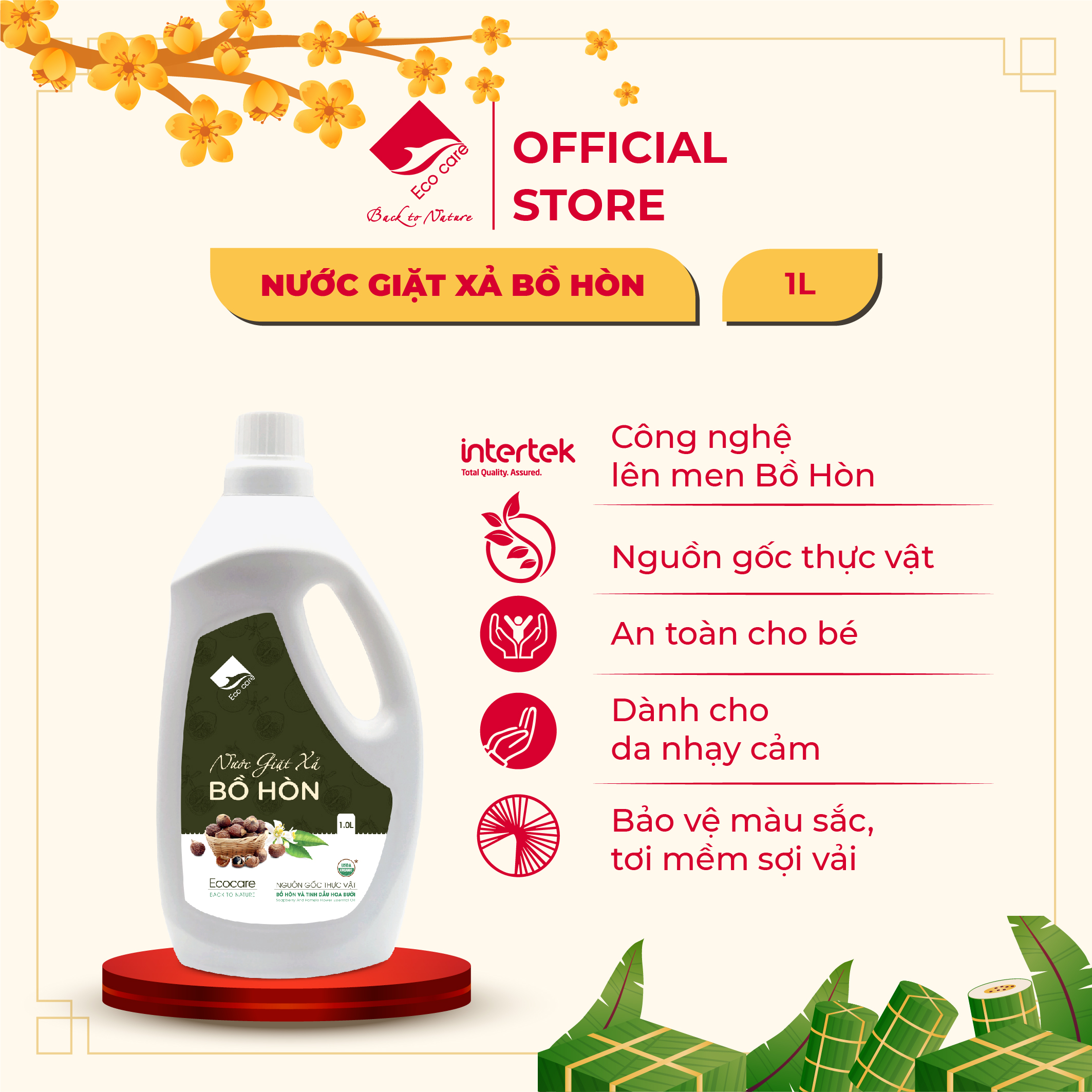 Nước Giặt Xả Hữu Cơ Bồ Hòn ECOCARE Kết Hợp Tinh Dầu Hoa Bưởi, Giặt Xả An Toàn Với Mọi Loại Vải 1L-2L-4L