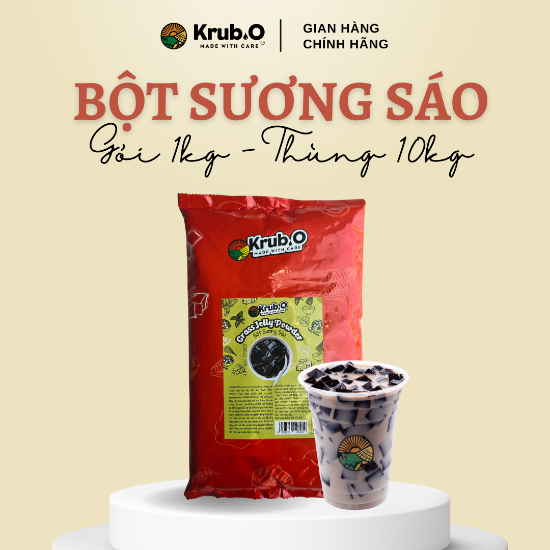 Bột Sương Sáo Đen Krub.O Gói 1kg - Grass Jelly - Nguyên liệu làm thạch sương sáo - Thạch dai dẻo thơm ngon làm topping trà sữa, chè - Nguyên liệu từ nông sản thuần Việt
