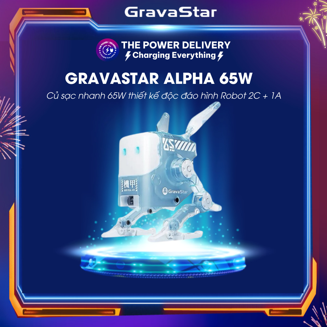 Củ sạc nhanh GravaStar ALPHA65 GAN 65W thiết kế độc đáo hình Robot 2C + 1A, decor góc làm việc, có L