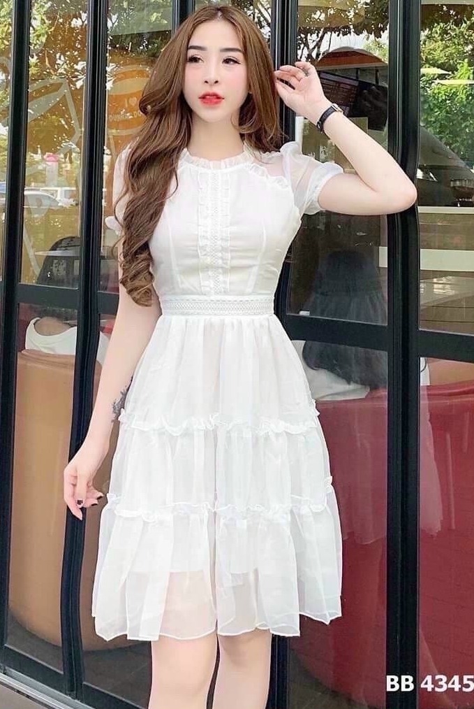 [HCM]Đầm phối ren nhún bèo ba tầng cực xinh ba màu ( trắng be và đỏ )