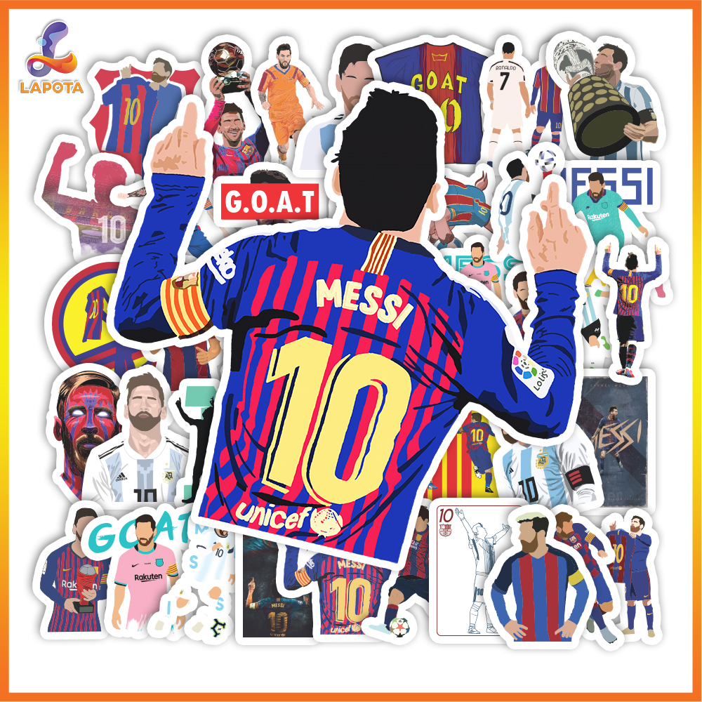Set 50 cái Sticker Messi m10 dán mũ bảo hiểm, hình dán Messi chống nước, decal hình cầu thủ Messi