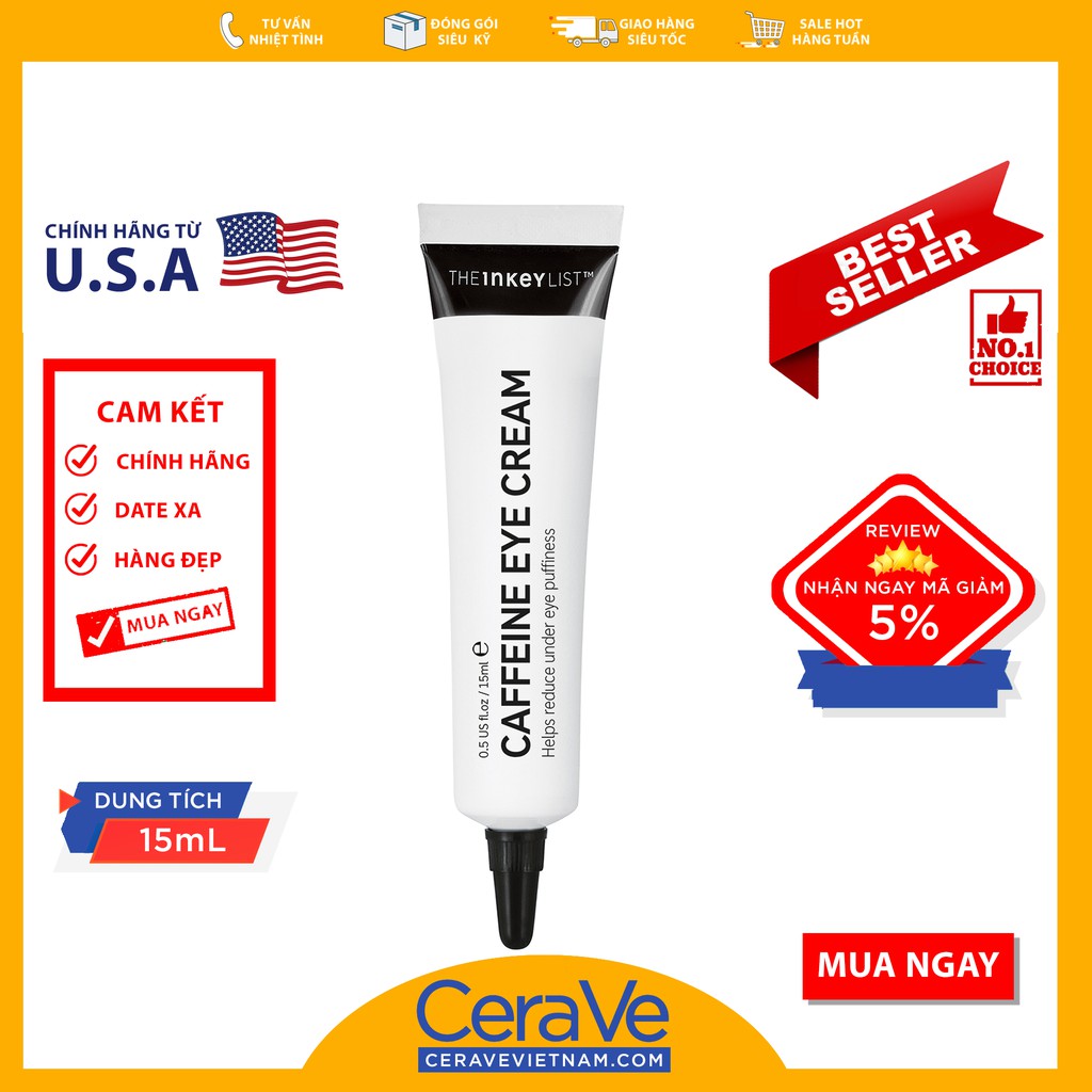 The INKEY List Caffeine Eye Cream - Kem dưỡng mắt giảm nếp nhăn và sáng da