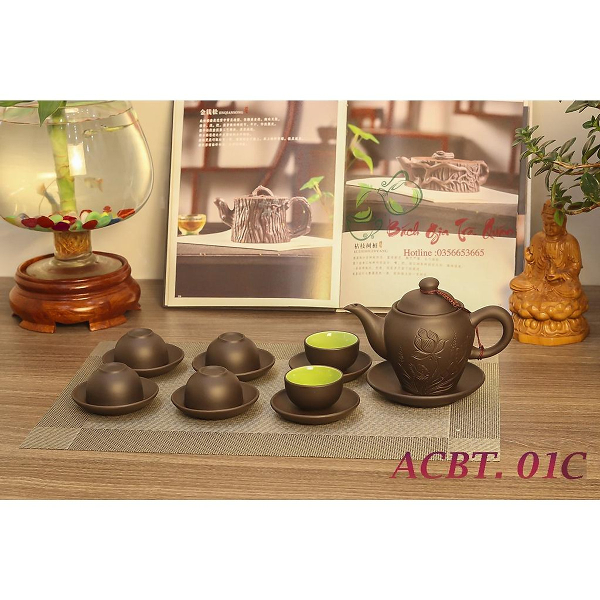 Bộ Ấm Chén Gốm Tử Sa Cao Cấp Bát Tràng - Ấm Dáng Cao Họa Tiết Liên Hoa