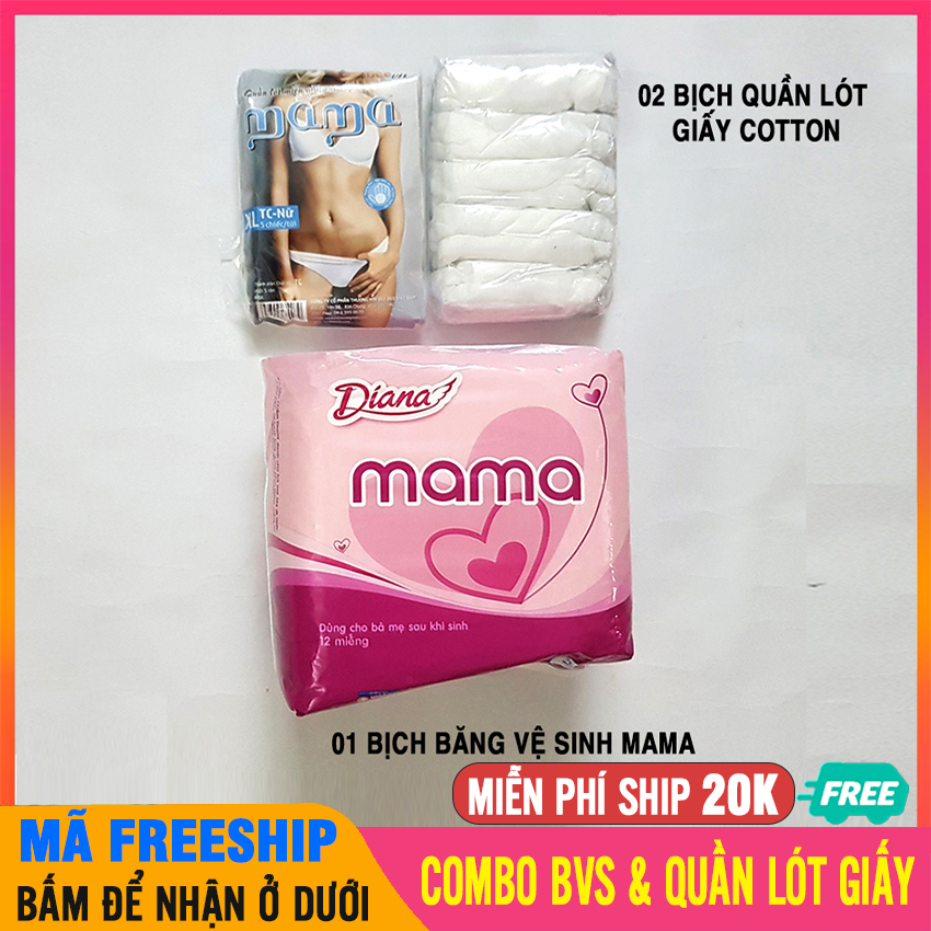 [COMBO] 2 Set Quần Giấy Cotton & Băng Vệ Sinh Mama Cho Mẹ Thấm Hút Siêu Tốt, Mềm Mại, Mịn Màng Dùng Ban Đêm Mặc 1 Lần Cho, Tiện Lợi Đi Du Lịch, 100% Cotton - Quần Lót Giấy Cho Mẹ Sau Sinh - 1 BVS Mama & 2 Bịch Quần Lót Giấy Mama