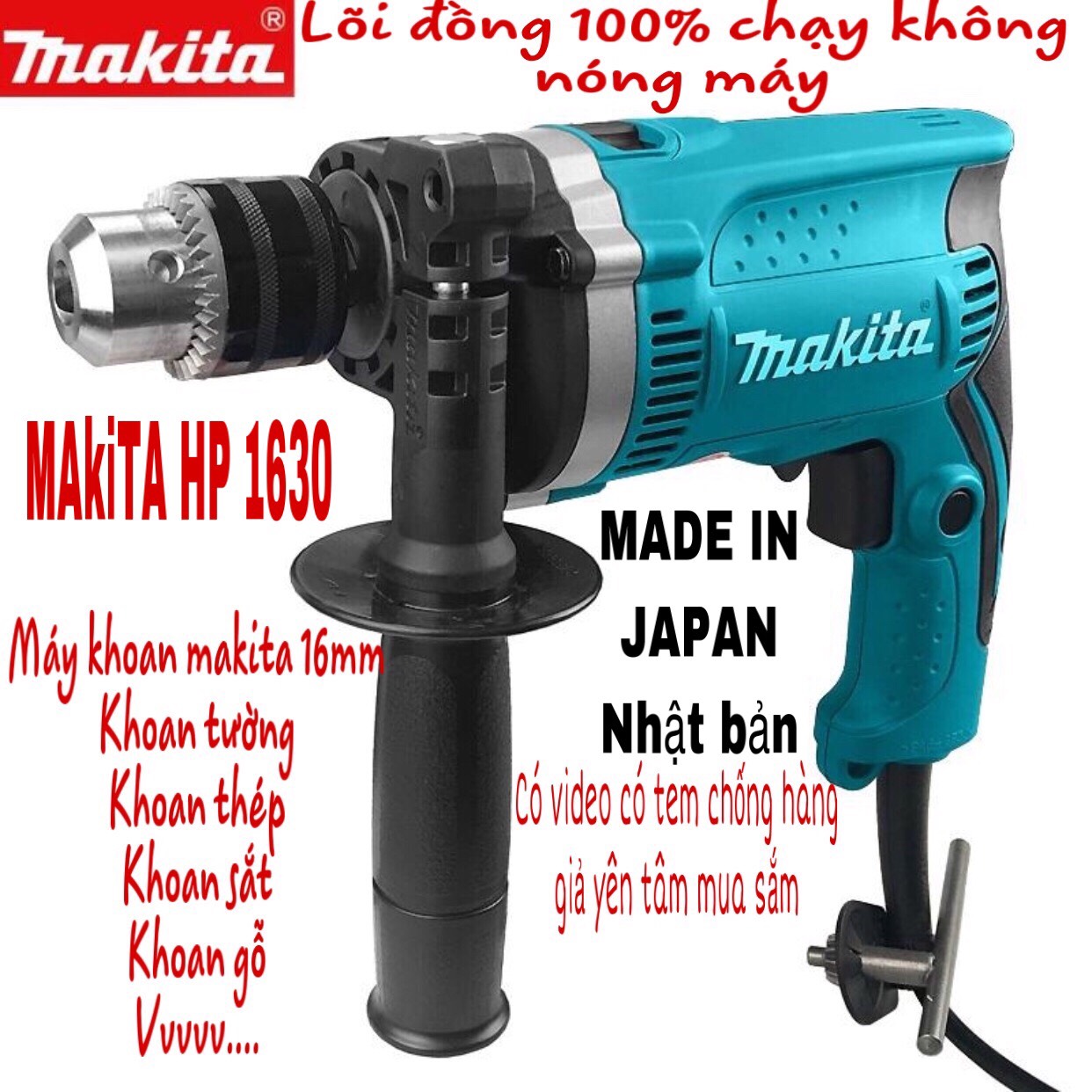 [HCM]Máy khoan cầm tay makita chính hãng (mẫu 2023) hàng loại 1. Máy khoan điện Makita HP 1630 có khoan búa - khoang tường - máy đục bê tông - máy khoan gỗ - máy khoan sắt - khoan lõi đồng 100% - Máy khoan công suất lớn 1200W vv...