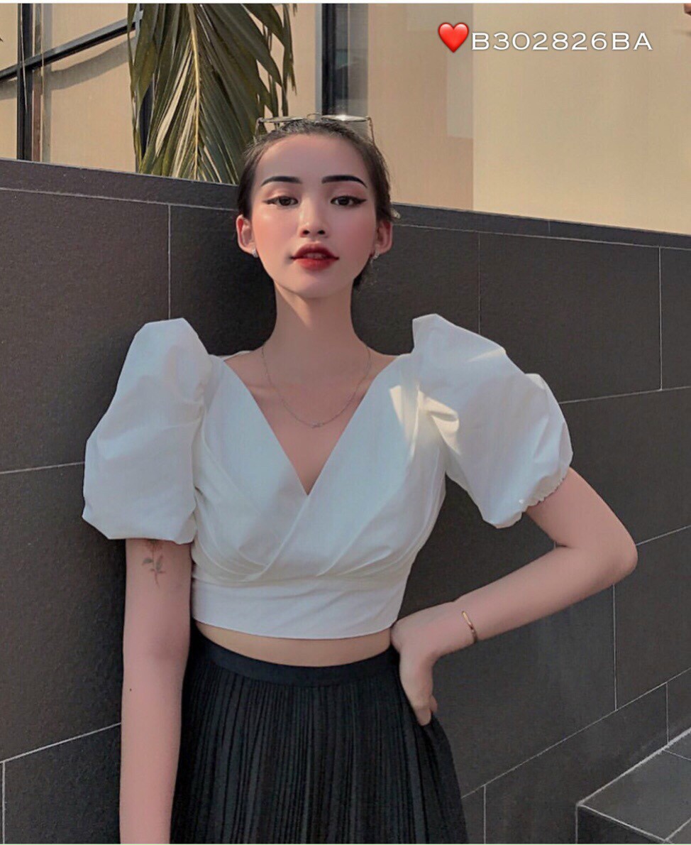 ÁO KIỂU NỮ CROTOP TAY NGẮN PHỒNG CỔ CHỮ V CHÉO THÂN TRƯỚC, CHẤT VON DÀY MỊN ĐẸP TTSGR