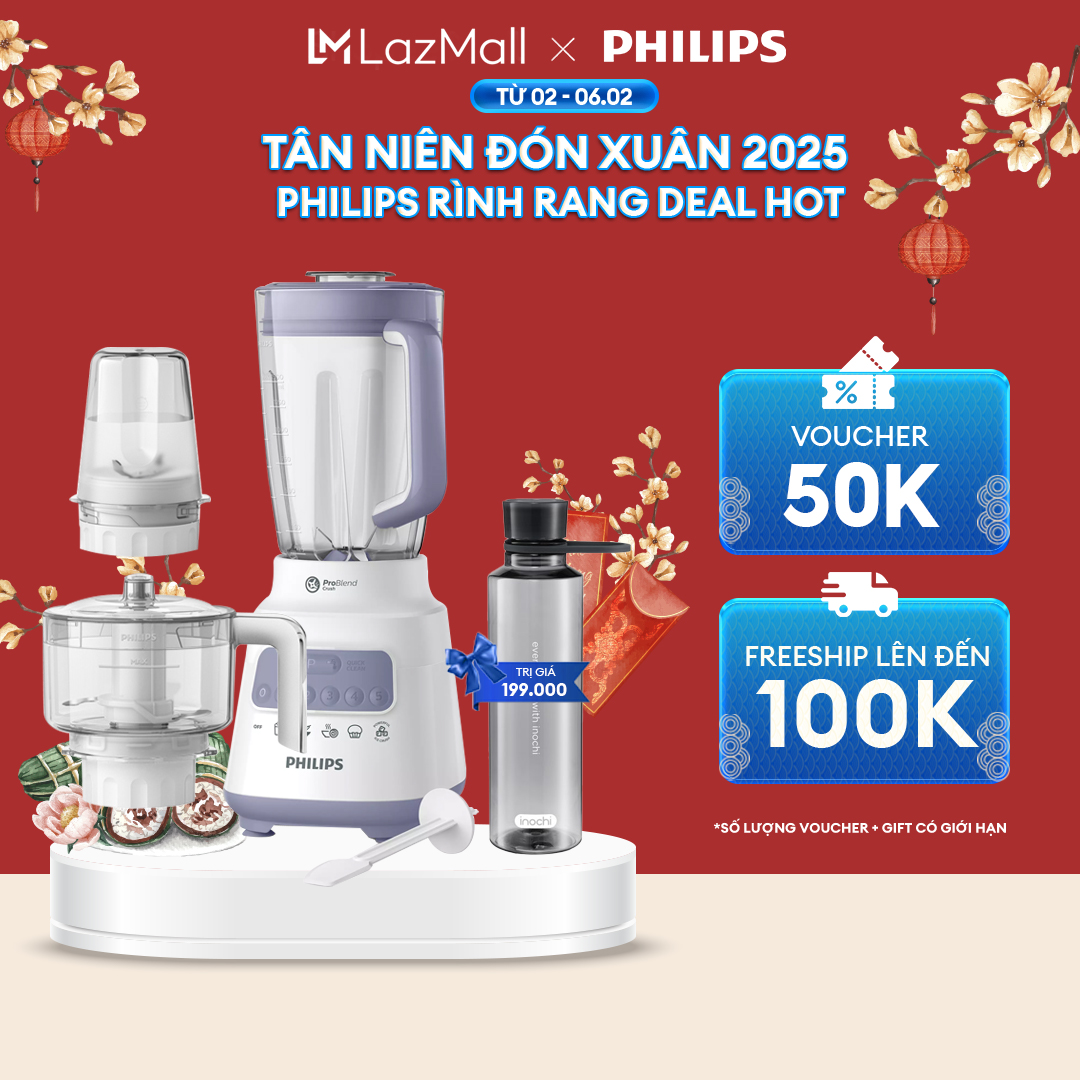 Máy Xay Sinh Tố Philips HR2223/00 (Trắng)-Bộ 3 Cối Xay Nhựa-5 Chế Độ Cài Đặt Sẵn- Nghiền Mịn Đá, Nhanh Gấp 2 Lần-Hàng Phân Phối Chính Hãng.