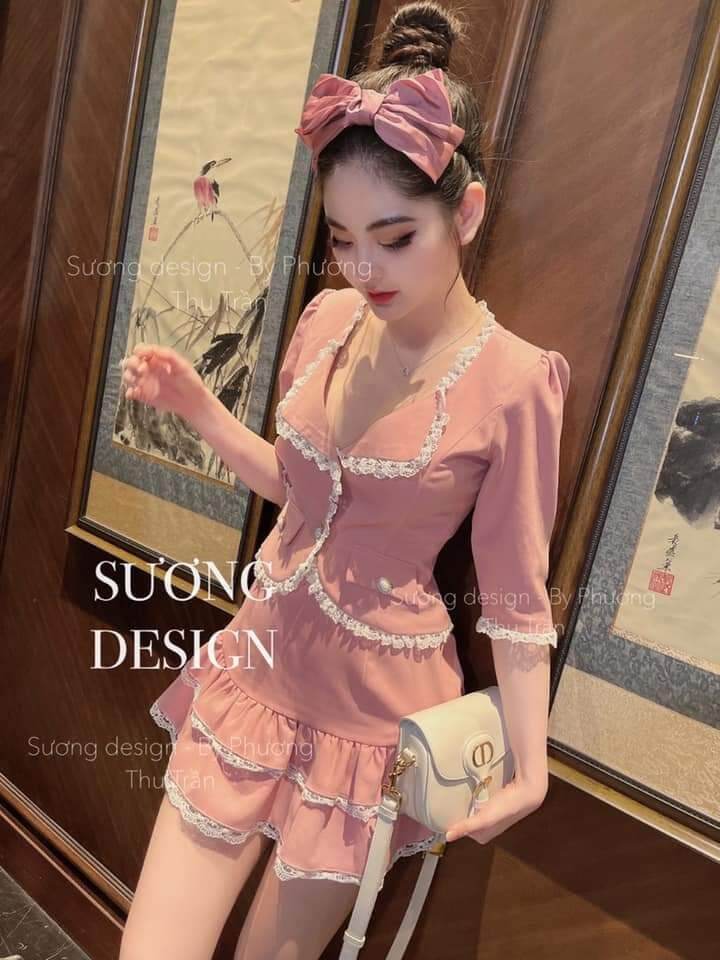 [MÃ LAZADAFAHB01 - GIẢM 30K ĐƠN 100K] Sét bộ đồ nữ áo véc hồng phối ren trắng chân váy xoè siêu xinh, váy đẹp đi tiệc.