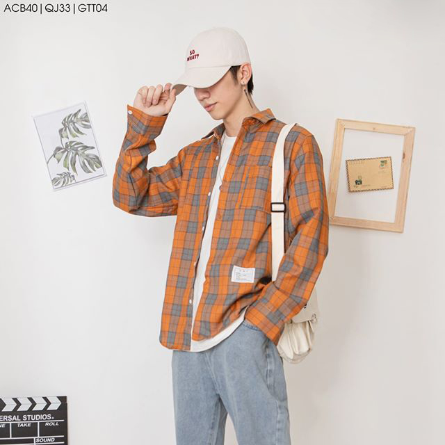Combo Mặc Đẹp Thời Trang 2 Món Áo sơ mi caro Sơ mi đũi dáng rộng Quần jean nam năng động phong cách Hàn Quốc QJ33-ACB40