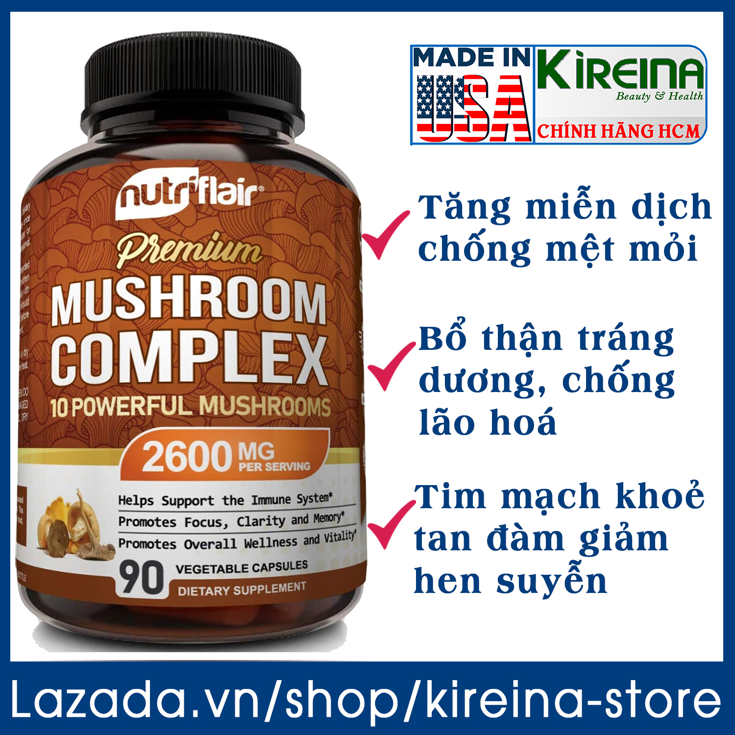 Viên uống 10 loại nấm quý Đông trùng hạ thảo Hầu thủ Chaga Linh chi ... nâng cao hệ miễn dịch tăng cường sinh lý (2600 mg 90 viên)