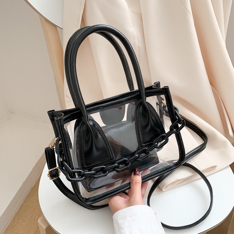 [HCM]Túi Xách Nhựa Trong Kèm Túi Nhỏ Phối Dây Xích Siêu Sang ChảnhSize 21*15cm Siêu Xinh xắn Nha Khách Ơi-TÚI GV