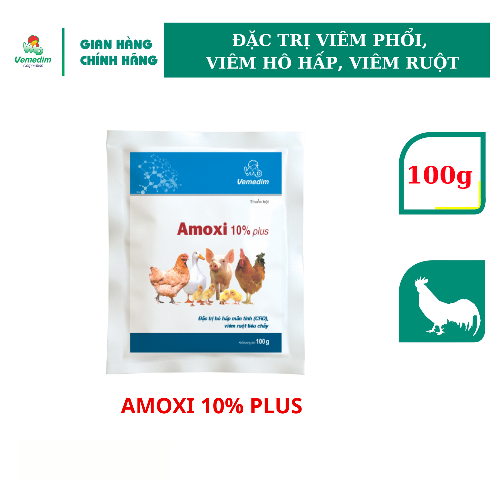 Vemedim Amoxi 10% plus dùng cho gia súc, gia cầm bị viêm phổi, v-iêm r-uột, gói 100g
