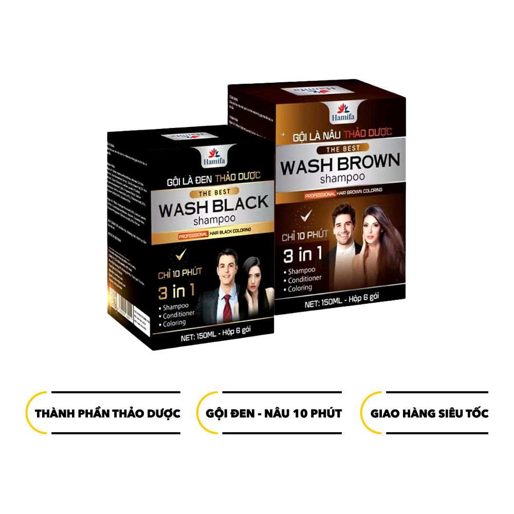 Dầu Gội Phủ Bạc Thảo Dược Hamifa Nhuộm Tóc Gội Là Đen Trong 5 phút - Hộp 6 Gói 25ml