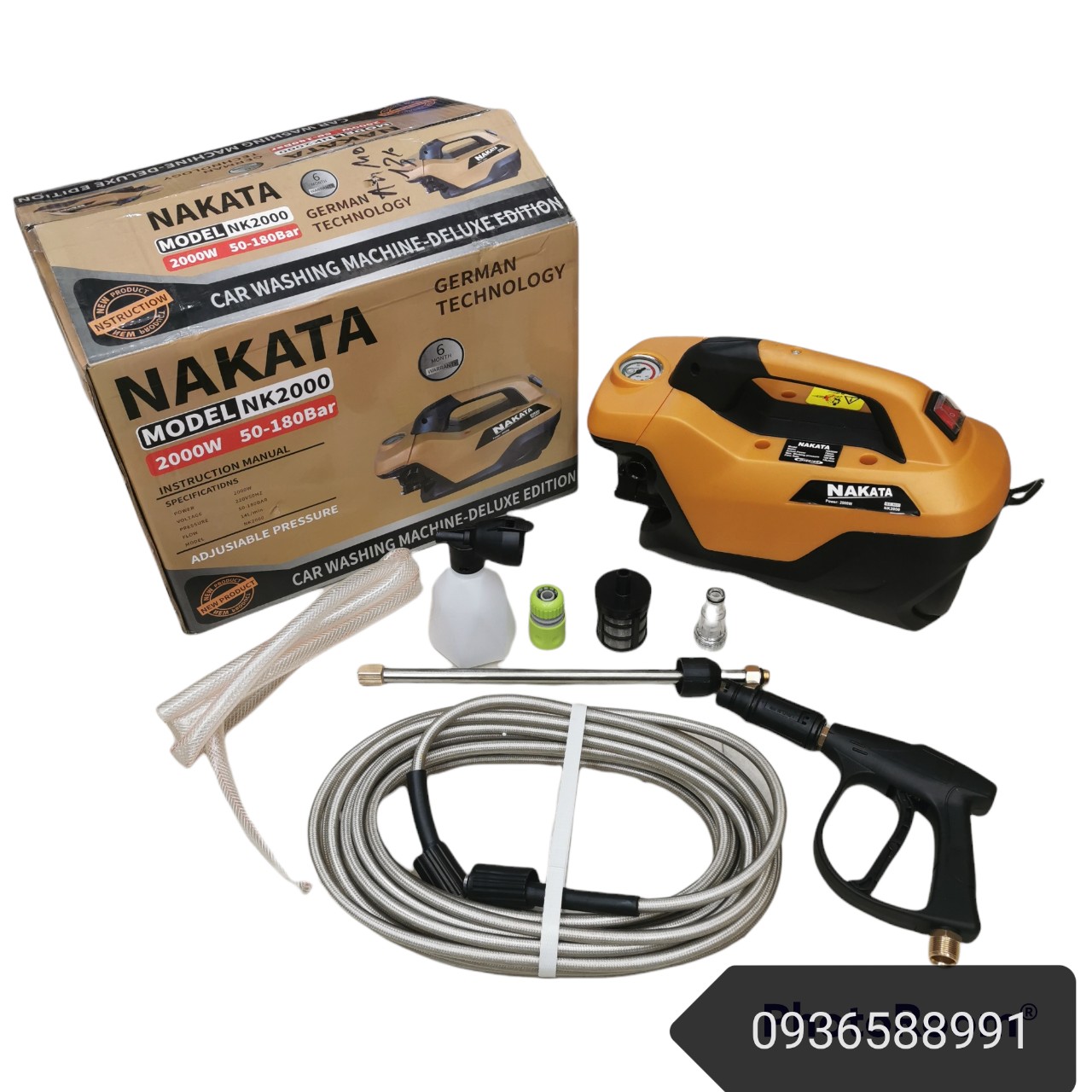 Máy rửa xe áp lực nakata 2000w hàng dây đồng 15m dây xịt