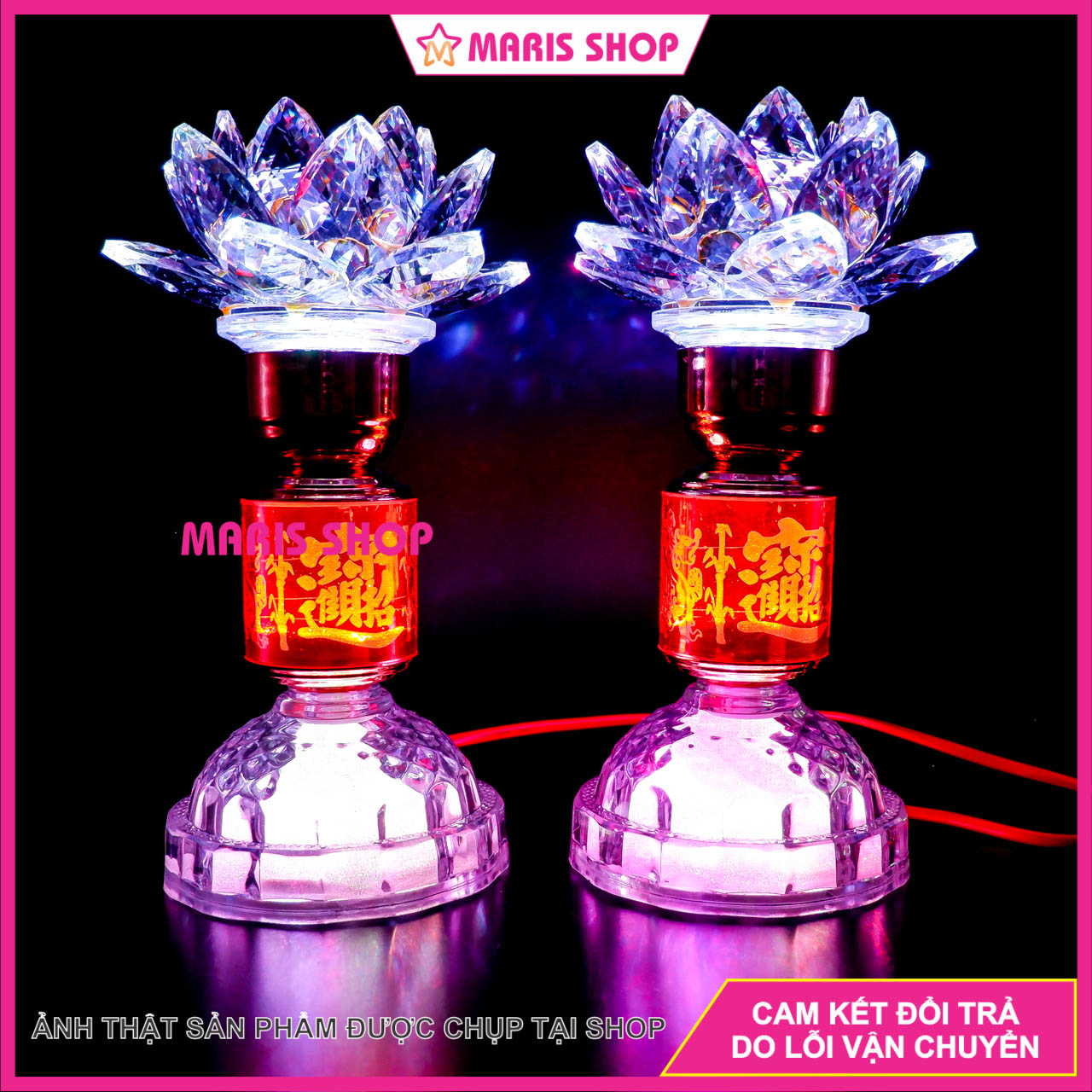 Đèn thờ hoa sen pha lê nguyên khối cao 24cm led đổi màu tự động đèn bàn thờ phật, bàn thờ giá tiên, đèn thờ cúng đẹp