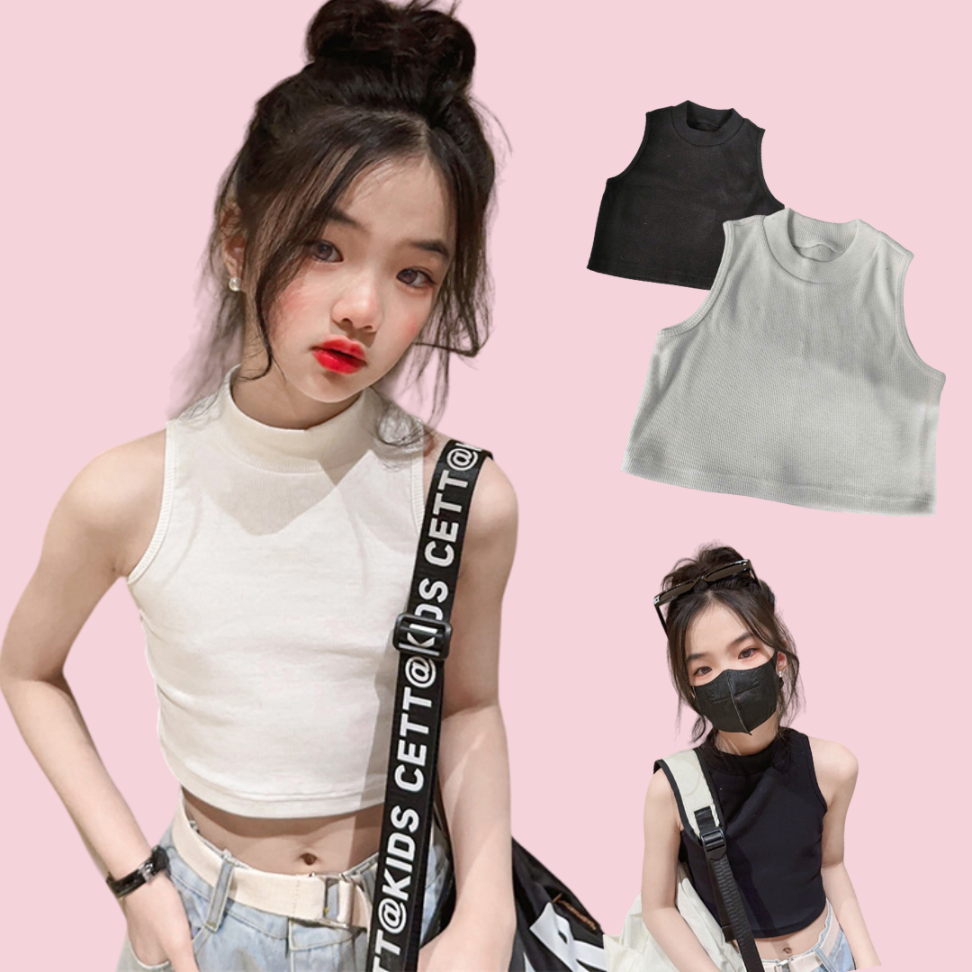 Áo croptop ba lỗ cổ lọ trắng và đen cho bé gái siêu cá tính size dưới 40kg