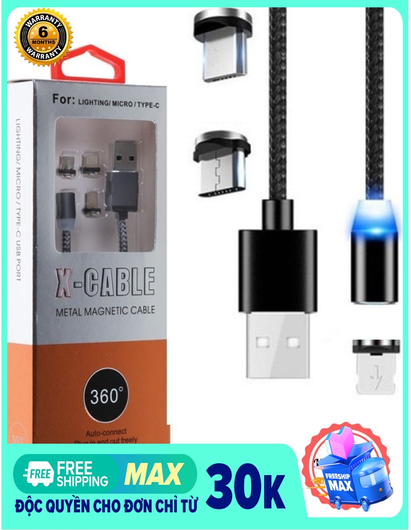 Cáp sạc nam châm 360 độ X-Cable 3 trong 1, dành cho iphone + Samsung + Usb Type C. bọc dây dù siêu bền, sạc cực nhanh và ổn định