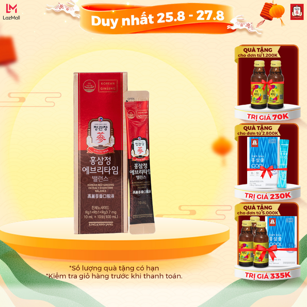 Hộp 10 Gói Tinh Chất Hồng Sâm Hàn Quốc Pha Sẵn KGC Jung Kwan Jang Everytime Balance (10ml x 10 gói)