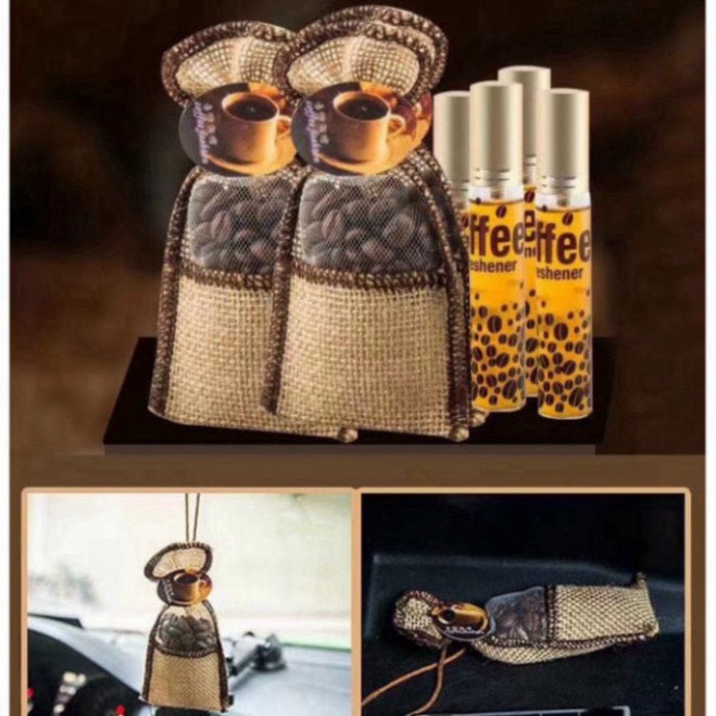 Túi thơm cafe treo ô tô xe hơi - túi thơm cà phê kèm chai tinh dầu cafe lưu hương lâu