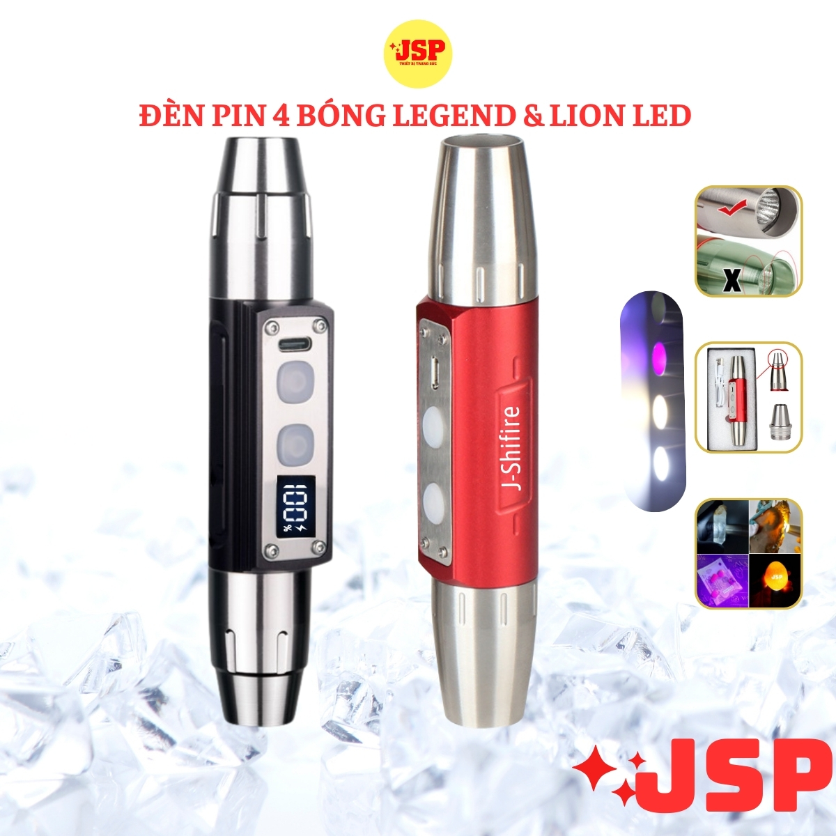 Freeship_Flash Sale_Đèn pin soi đá quý siêu sáng 4 bóng đèn soi tiền giả soi cua trứng tem xe nhiều chế độ kèm sạc pin JSP