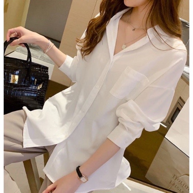 [Hoàn Tiền 25-27/4]áo sơ mi nữ form rộng tay dài kiểu hàn, áo sơ mi nữ trắng 1 túi basic xinh xắn