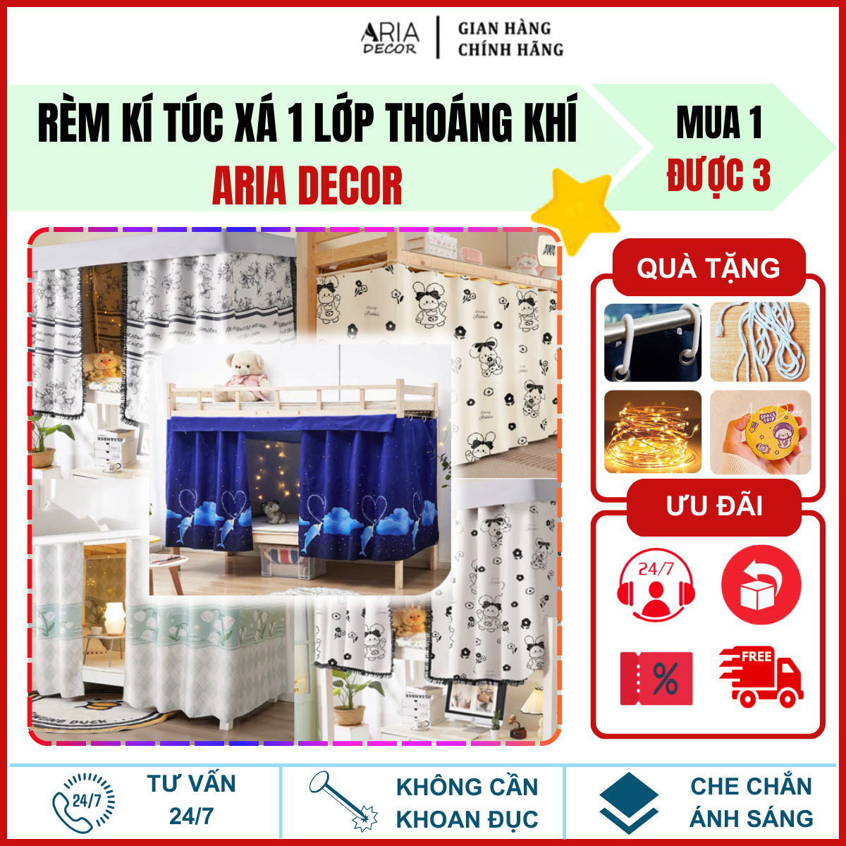 Rèm kí túc xá Aria Decor, rèm giường tầng, kí túc xá sinh viên mẫu mới