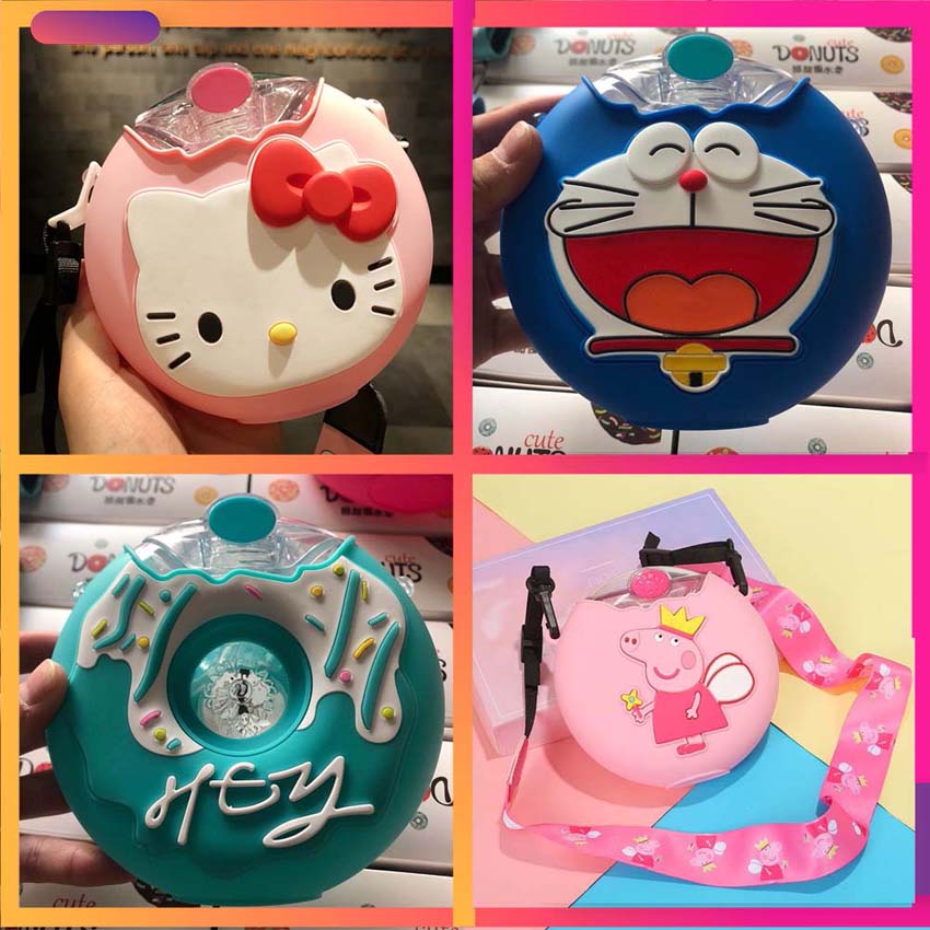 FreeshipMAX [HCM] Bình nước donut cho bé có kèm ống hút và dây đeo cổ cho bé