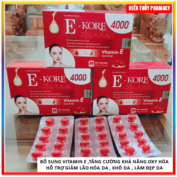 Viên Uống đẹp da Vitamin E - Kore 4000mcg Chiết xuất Hạt Nho,1000mcg, Dầu Gấc 30000mcg, Aloe vera 500mg chống lão hóa- Hộp 30 viên