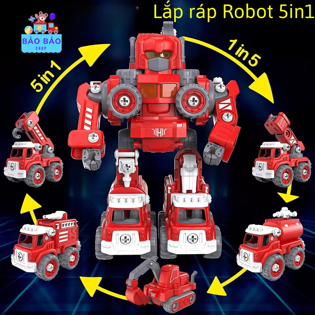 Bộ lắp ráp rôbot biến hình 5 xe công trình 5in1, đồ chơi lắp ghép xe công trường biến hình robot có đèn, nhạc