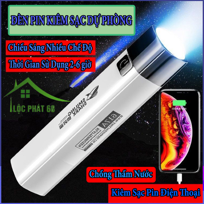 Đèn pin siêu sáng, đèn pin kiêm sạc dự phòng điện thoại, đèn pin sạc điện, chất liệu nhựa ABS, ánh sáng mạnh chiếu xa tối đa 200m, đèn pin chiếu xa lực lượng đặc biệt, đèn pin mini siêu sáng