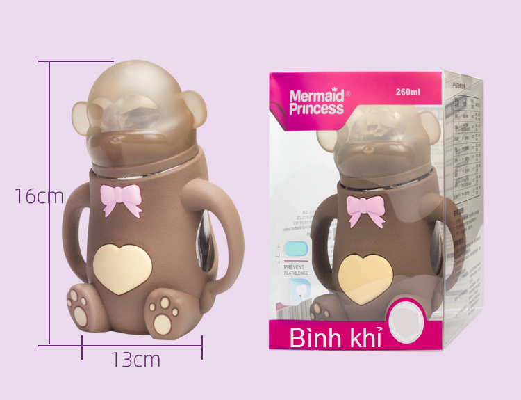Bình uống sữa, uống nước hình khỉ, bình thủy tinh 260ml (màu ngẫu nhiên)