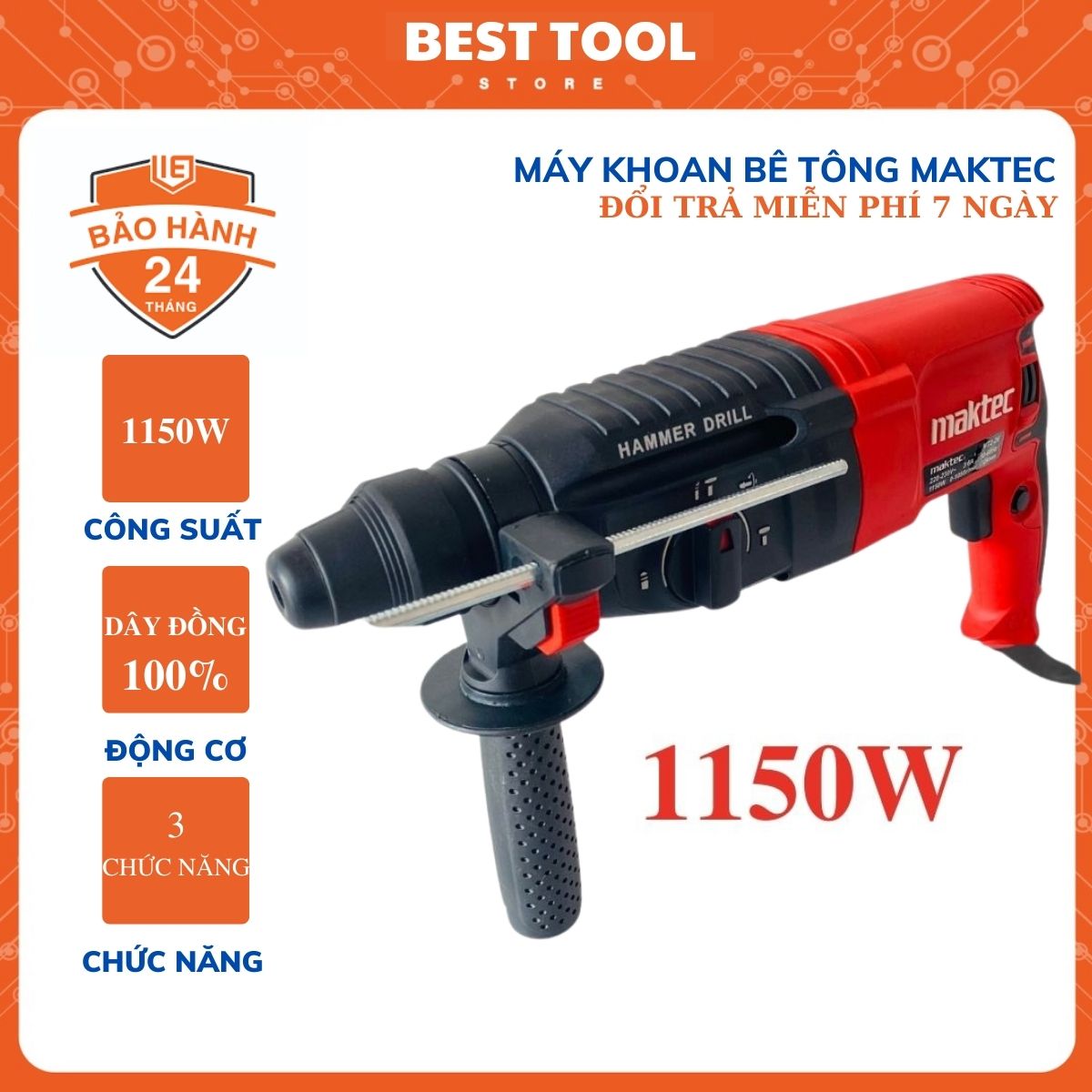 Máy khoan bê tông 3 chức năng Maktec - Máy đục bê tông maktec tặng kèm 3 mũi khoan và 2 mũi đục cao cấp.