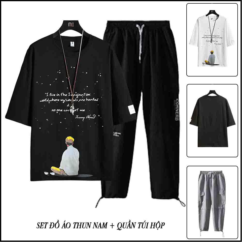 Bộ Quần Áo Thun Nam Áo In Hình Chàng Trai Ngồi Ngắm Sao Kết Hợp Quần Jogger Lưng Chun Bo Gấu Thời Trang 4HER SET NAM 90000167C