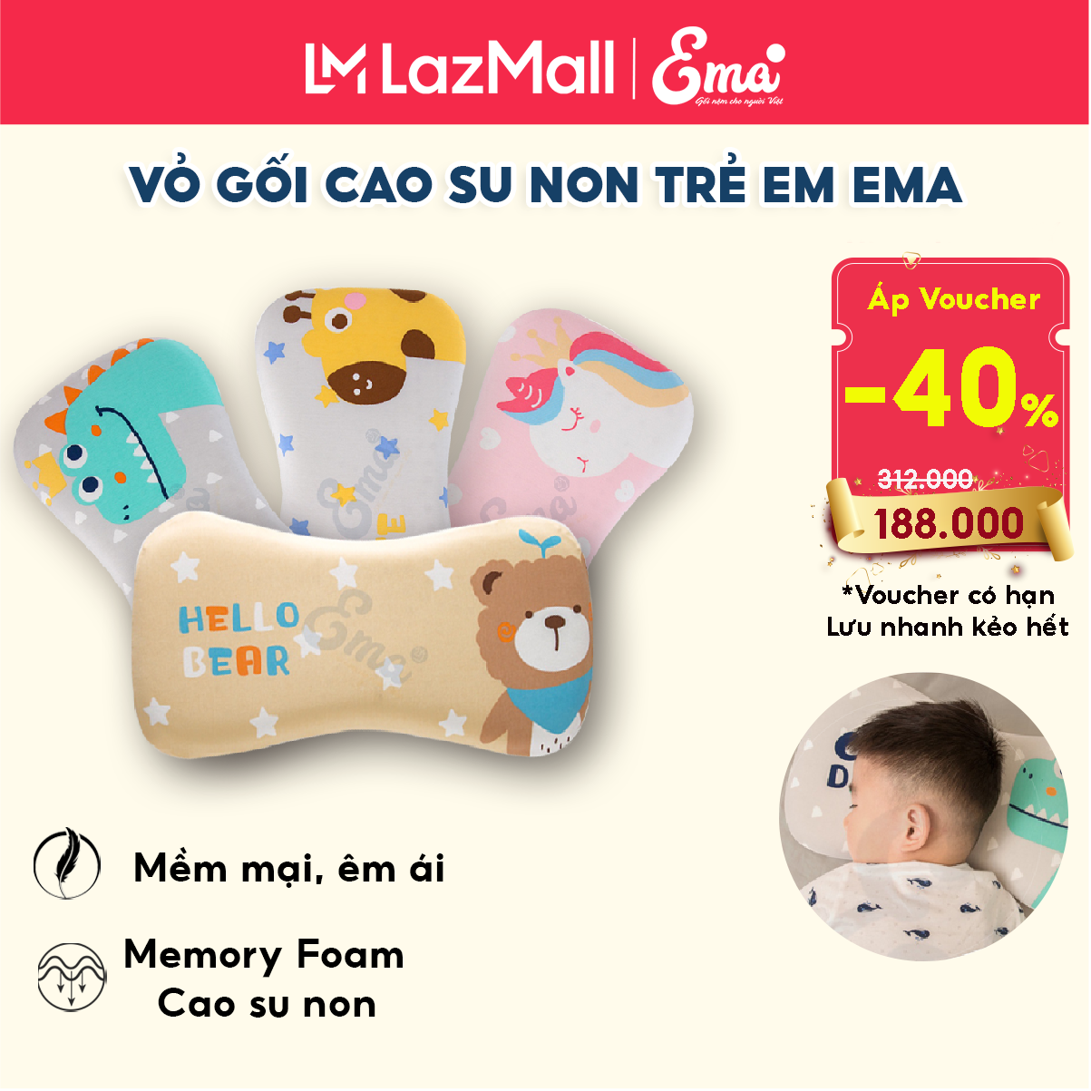 Vỏ gối ngủ cao su non trẻ em Ema thiết kế chống bẹp đầu cho bé từ 0 đến 6 tuổi