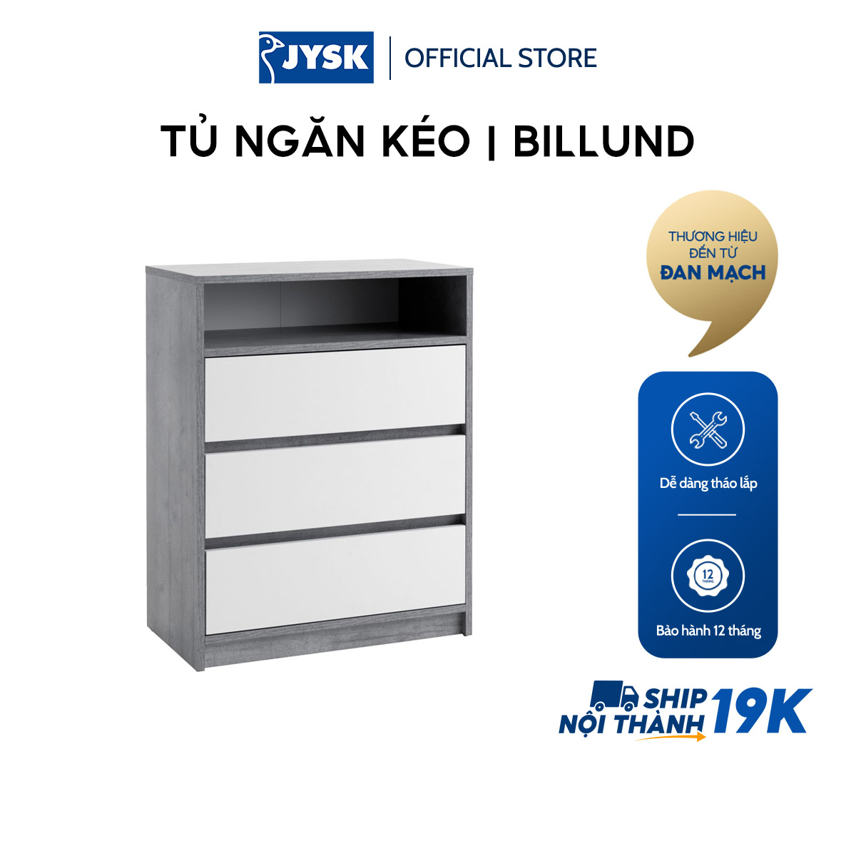 Tủ ngăn kéo JYSK Billund gỗ công nghiệp trắng xám R71xS39xC90cm