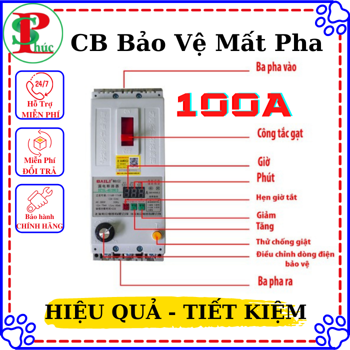 Aptomat 100A, Bảo Vệ Mất Pha, Cài Đặt Thời Gian, Chống Dòng Rò, Bảo Vệ Qúa Dòng.