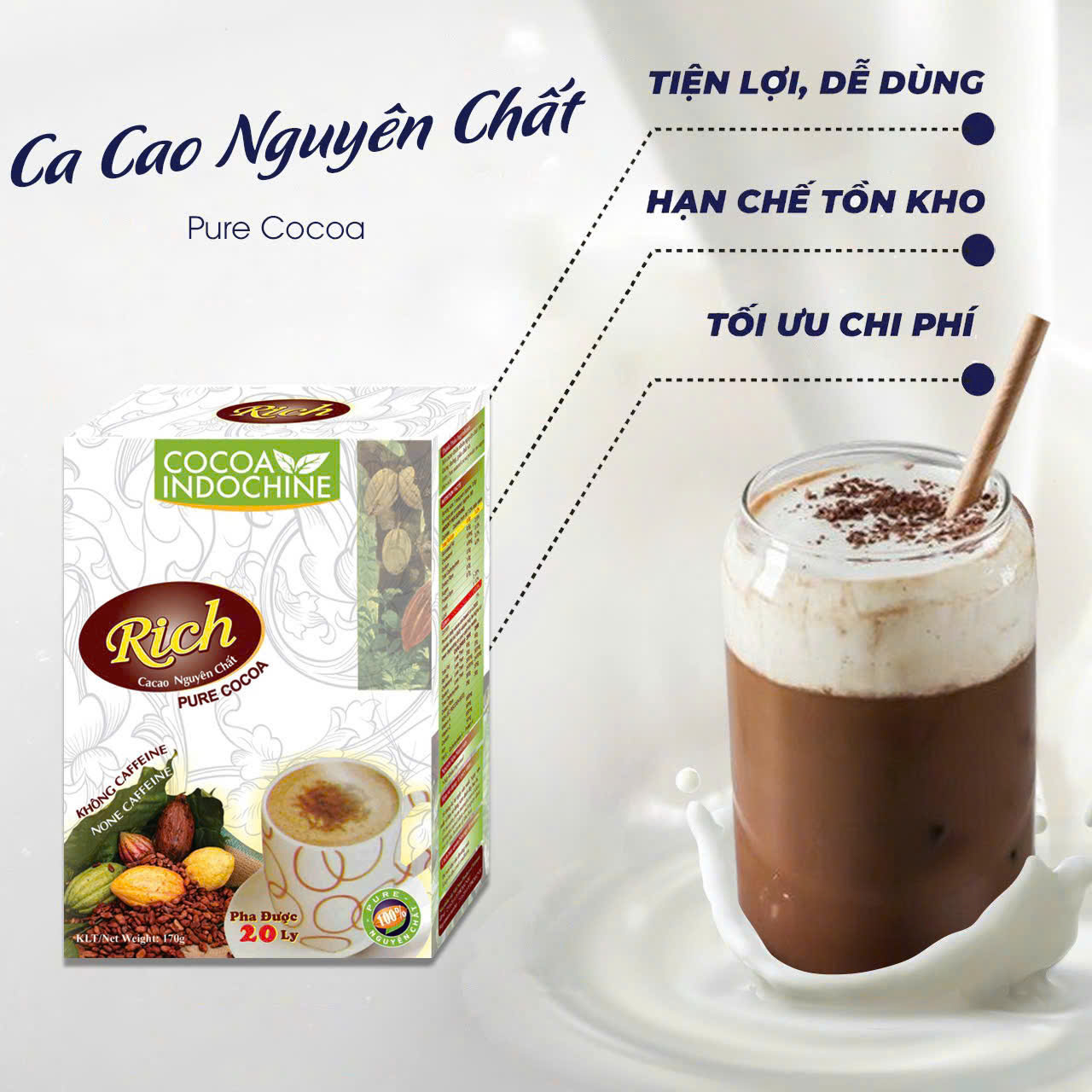 Bột cacao hoà tan nguyên chất rich - hộp 170g - tặng 1 hộp trà sữa matcha 100g