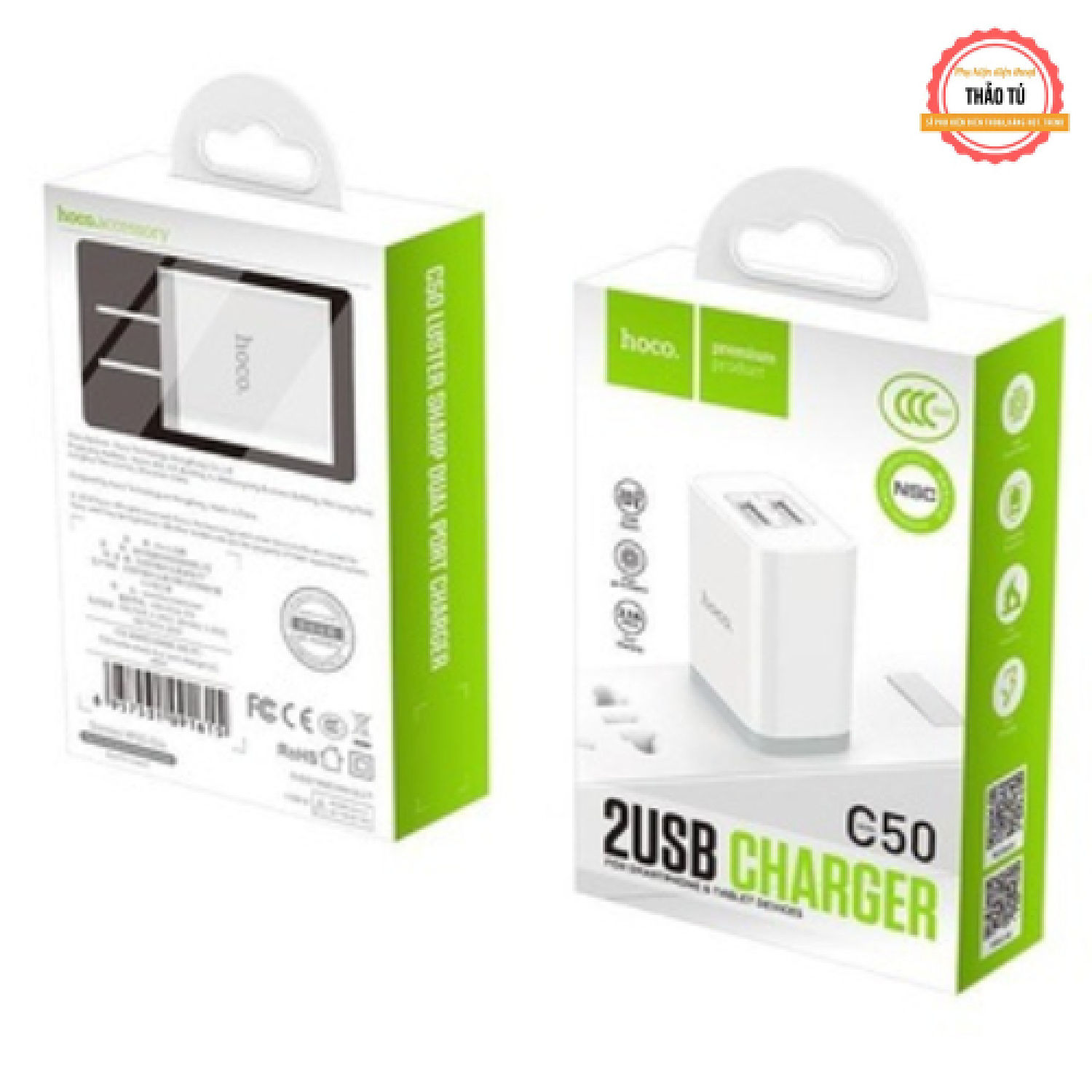 Củ sạc hoco c50 2 cổng usb, hỗ trợ sạc nhanh 2.1a.