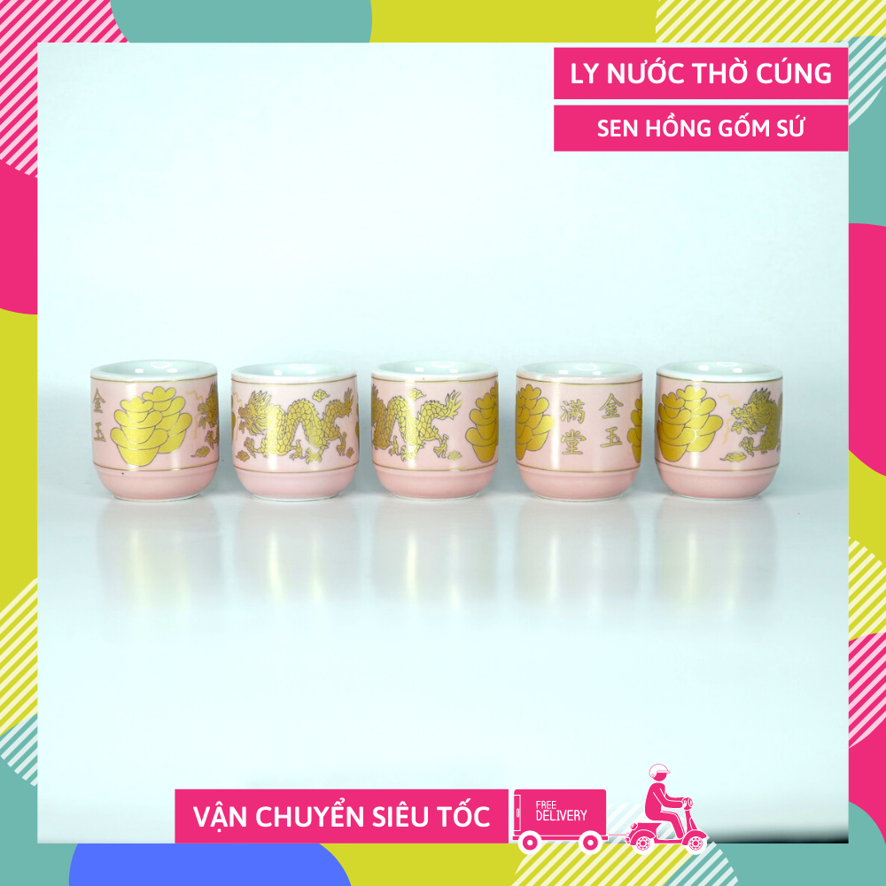 Ly nước thờ cúng gốm sứ rồng vàng hồng pha trà đặt bàn thờ cúng - 1 ly