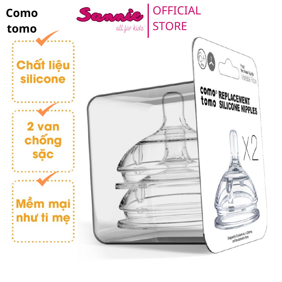 Núm ti bình sữa Comotomo chính hãng núm vú bình Silicone Comotomo size 1, 2, 3 tia, Y cut 2 van thông khí chống sặc ngăn đầy hơi
