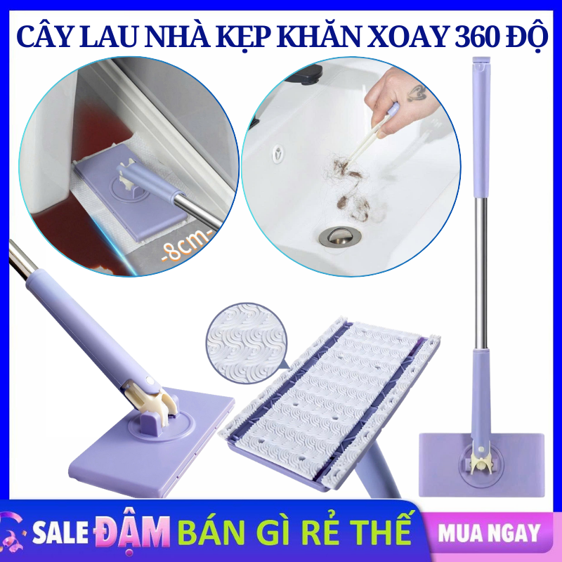 Cây Lau Nhà Kẹp Khăn Tự Động Xoay 360° Có Kẹp Gắp Rác Tiện Lợi - Chổi Lau Nhà Tự Gắp Giấy Dùng 1 Lần - Cây Lau Kẹp Khăn Kèm Nhíp Kẹp Rác Thông Minh - Dụng Cụ Lau Vệ Sinh Sàn Nhà