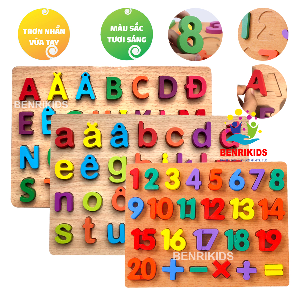 Combo 3 Bảng Ghép Chữ Cái Tiếng Việt In Hoa In Thường Và Bảng 20 Số Đếm Kèm Phép Tính Bằng Gỗ Cho Bé, Đồ Chơi Giáo Dục Benrikids