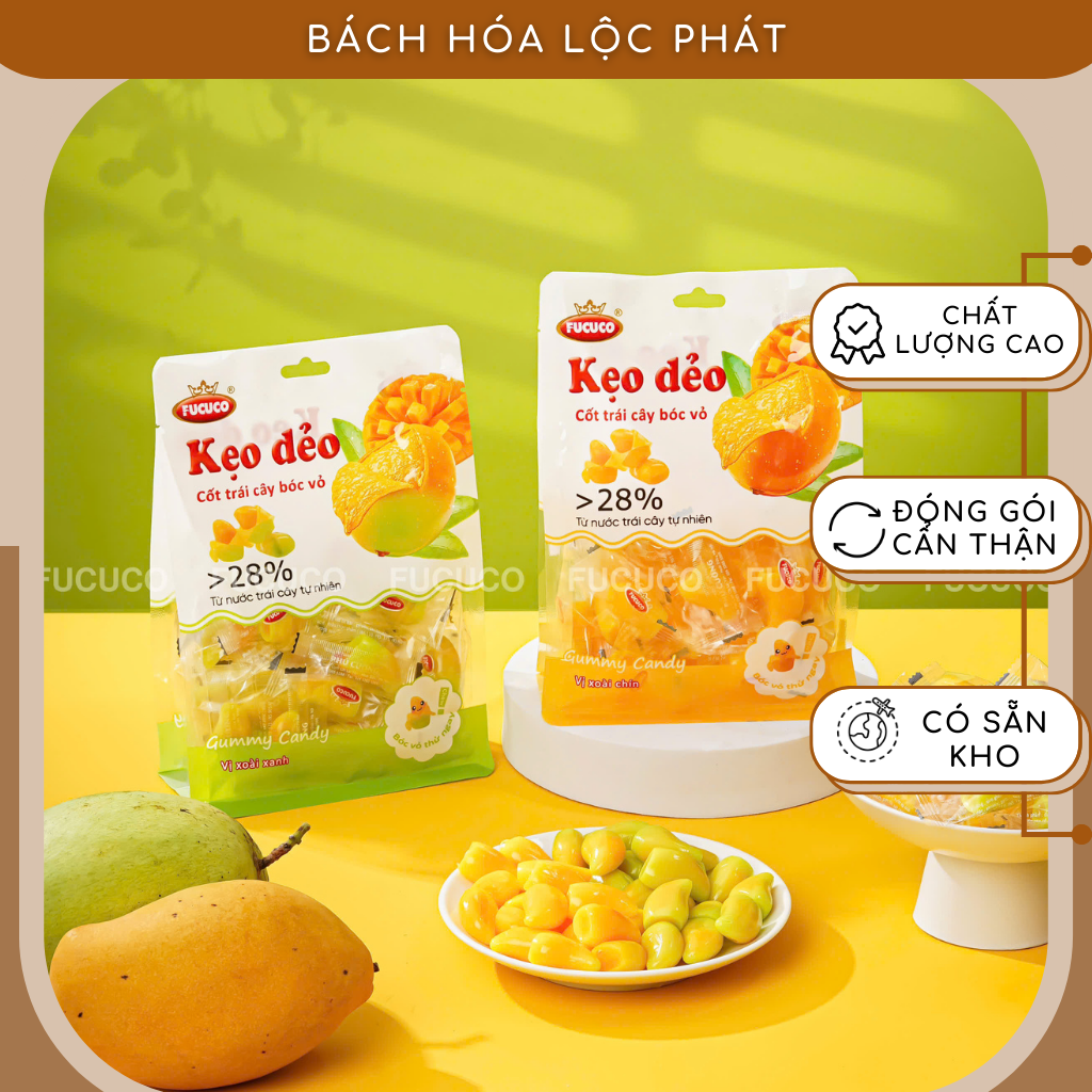 Kẹo Dẻo Xoài Bóc Vỏ FUCUCO Túi 270G ( XOÀI XANH/XOÀI CHÍN ) - Ngọt Dịu, Dẻo Mịn, Bóc Vỏ Siêu Ngon - 