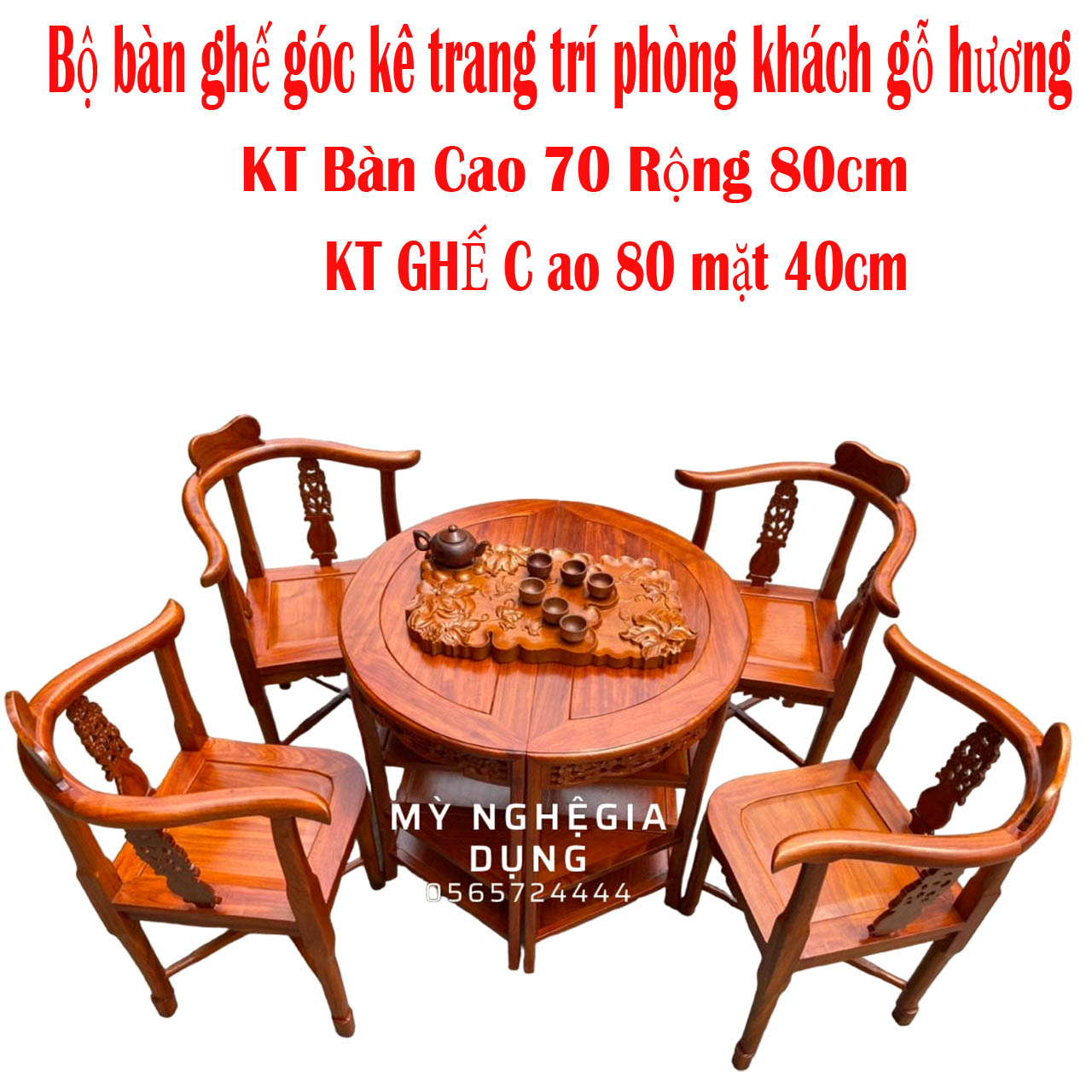 Bộ bàn ghế góc kê trang trí phòng khách gỗ hương