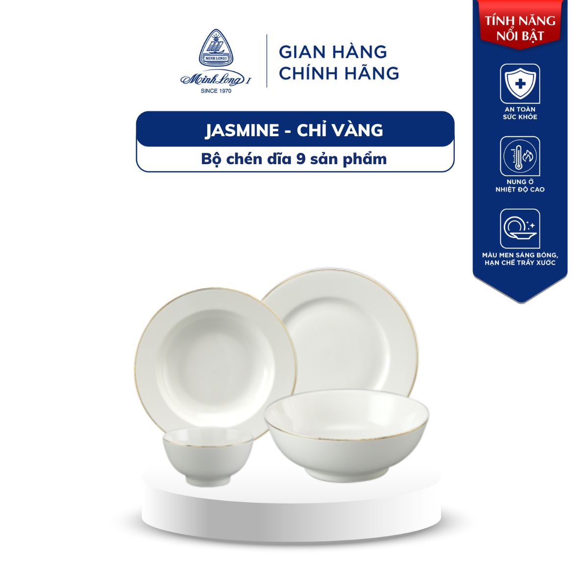 Bộ chén dĩa, bộ bát đĩa sứ minh long 09 sản phẩm - jasmine- chỉ vàng