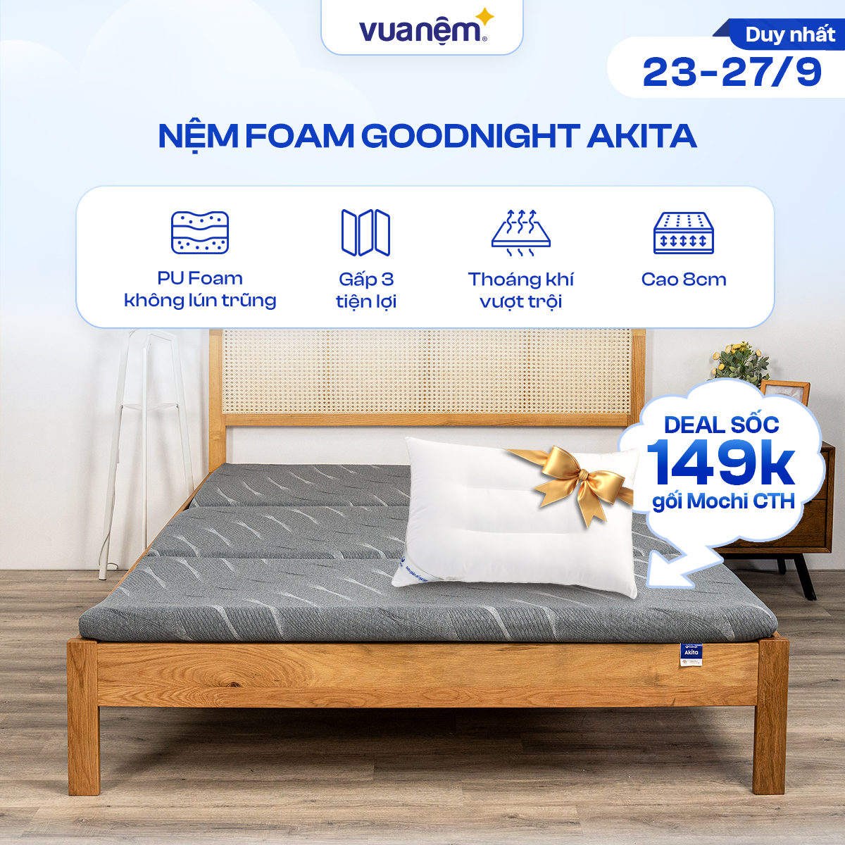 Nệm foam Goodnight Akita nệm cao su non gấp 3 êm ái cải thiện đau mỏi cột sống cuộn hút gọn nhẹ và dễ dàng di chuyển