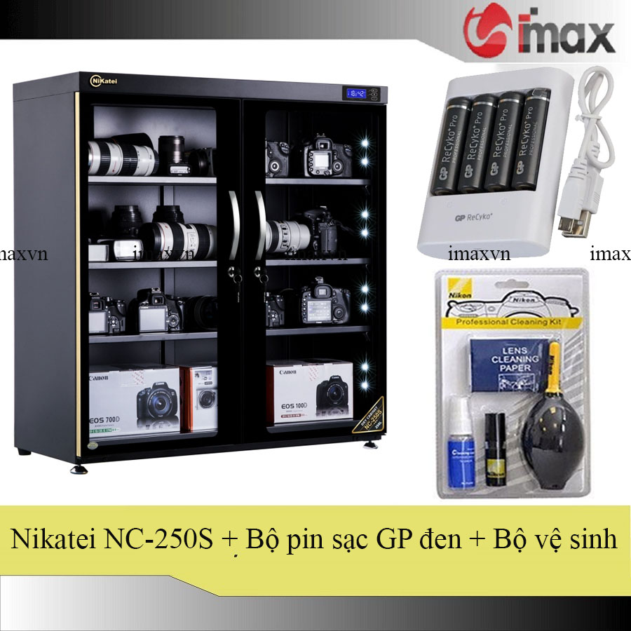Tủ chống ẩm nikatei nc-250s gold + bộ vệ sinh máy ảnh 8 in 1 + bộ 04 viên pin & 01 sạc gp