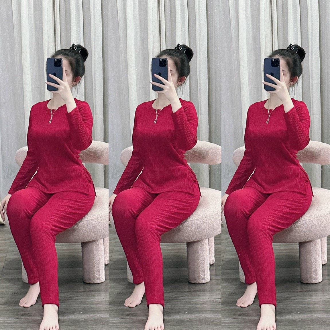 Set Bộ Xốp Thái Áo Tay Dài Cổ Tròn Xẻ Tà Kèm Quần Dài , Họa Tiết Basic , 4 Màu Đen Đỏ Xanh Lá Nude