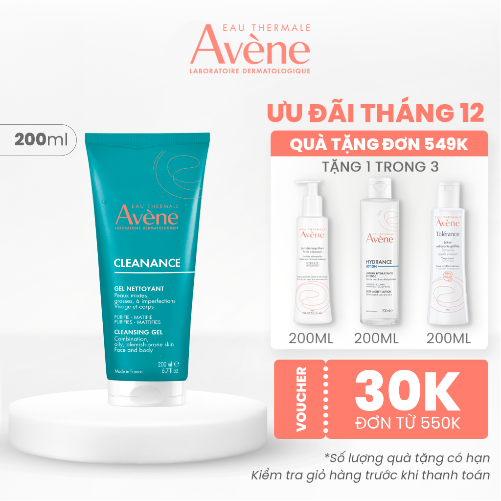 Gel rửa mặt cho da dầu mụn Eau Thermale Avène CLEANANCE Cleansing Gel làm sạch sâu bụi bẩn giảm bã nhờn 200ML