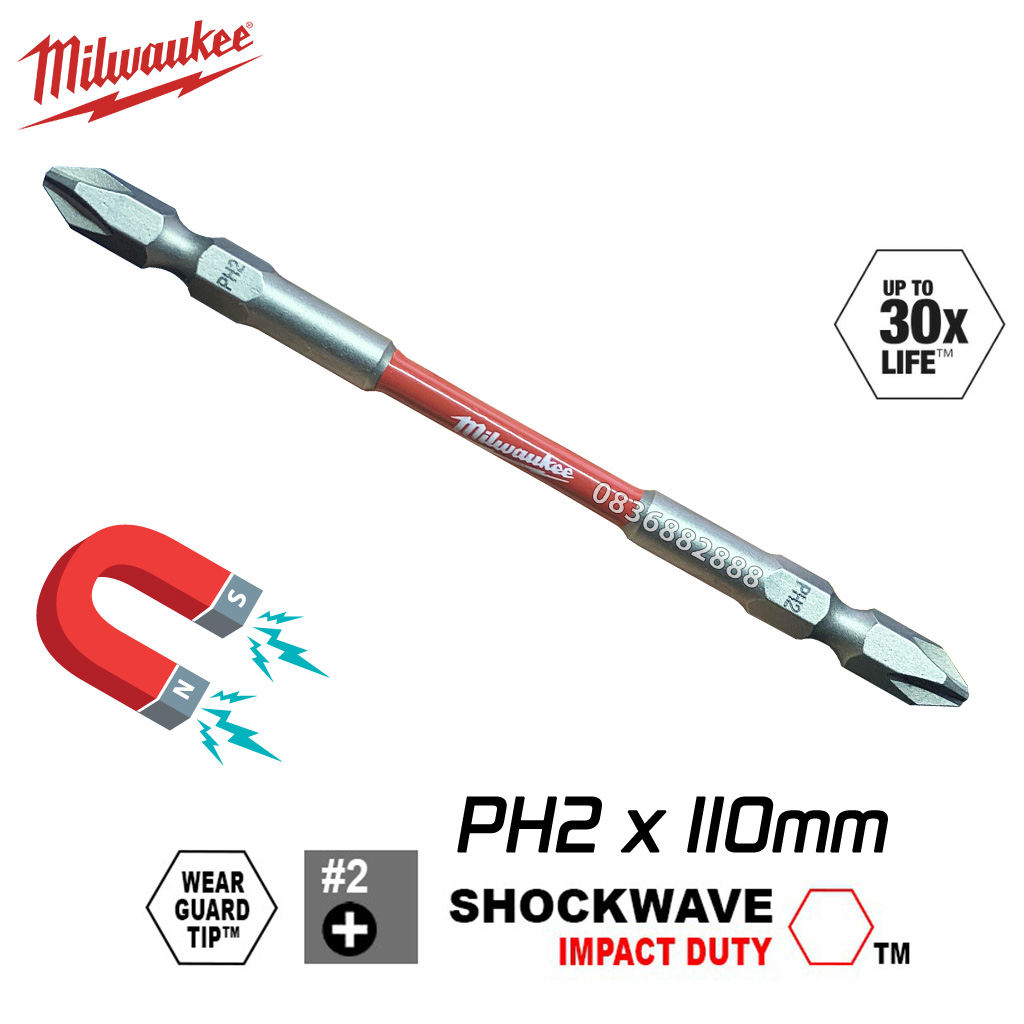 Mũi vít PH2 dài 110mm Milwaukee chính hãng Mỹ siêu bền, mũi bắt vít 2 đầu 4 cạnh bake có nam châm từ siêu cứng, chống gỉ, chống tòe, độ bền cao gấp 30 lần mũi vít thường, mũi bắn vít PH2, mũi vít PH2 x 65mm, đầu bắt vít 4 cạnh